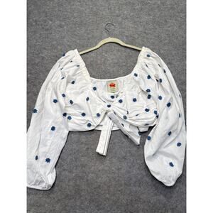 Farm Rio Top Womens XL White Blue Flowers Embroidery Crop Puff Sleeve Beach